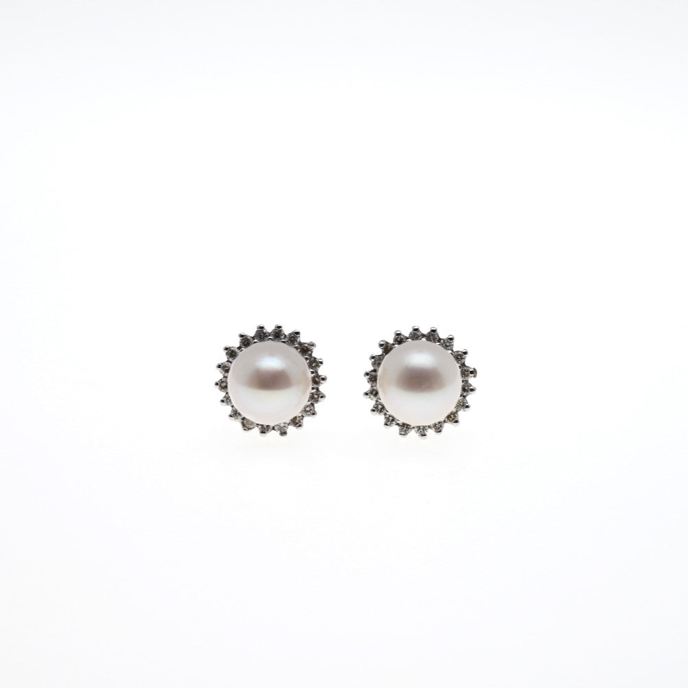 "THEA" - White Pearl Earrings with Diamond Halo