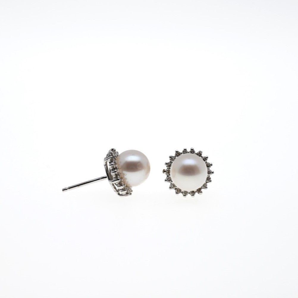 "THEA" - White Pearl Earrings with Diamond Halo