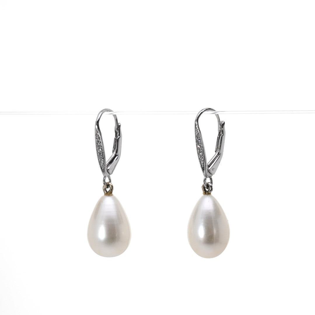 "AMBER" - White Pearl Earrings with Diamonds