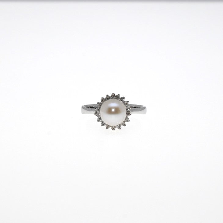 "KEZIAH" - White Pearl Ring with Diamonds