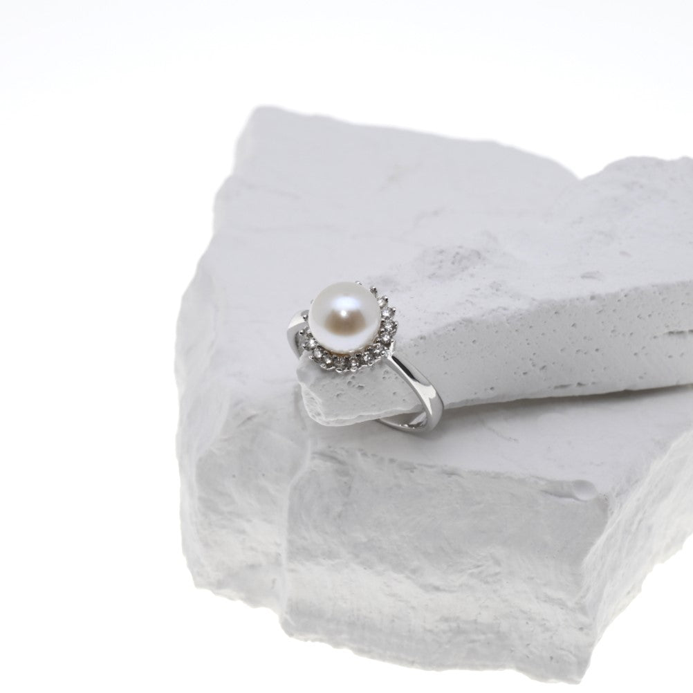 "KEZIAH" - White Pearl Ring with Diamonds