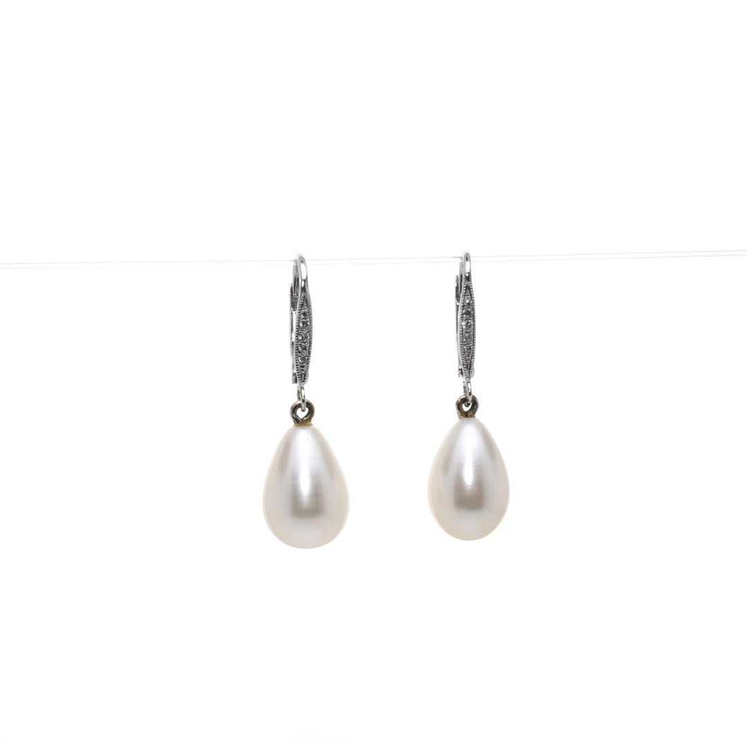 "AMBER" - White Pearl Earrings with Diamonds